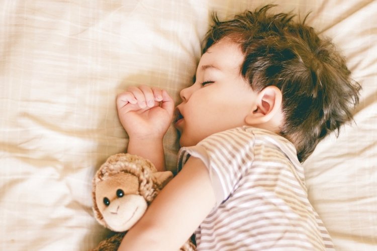 làm gì khi trẻ không chịu ngủ trưa theo lịch?; bé trai ngủ trưa ôm gấu bông